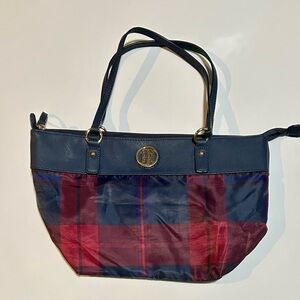 Tommy Hilfiger Blue, Red, and Burgundy Plaid Shoulder Bag, Vintage logo